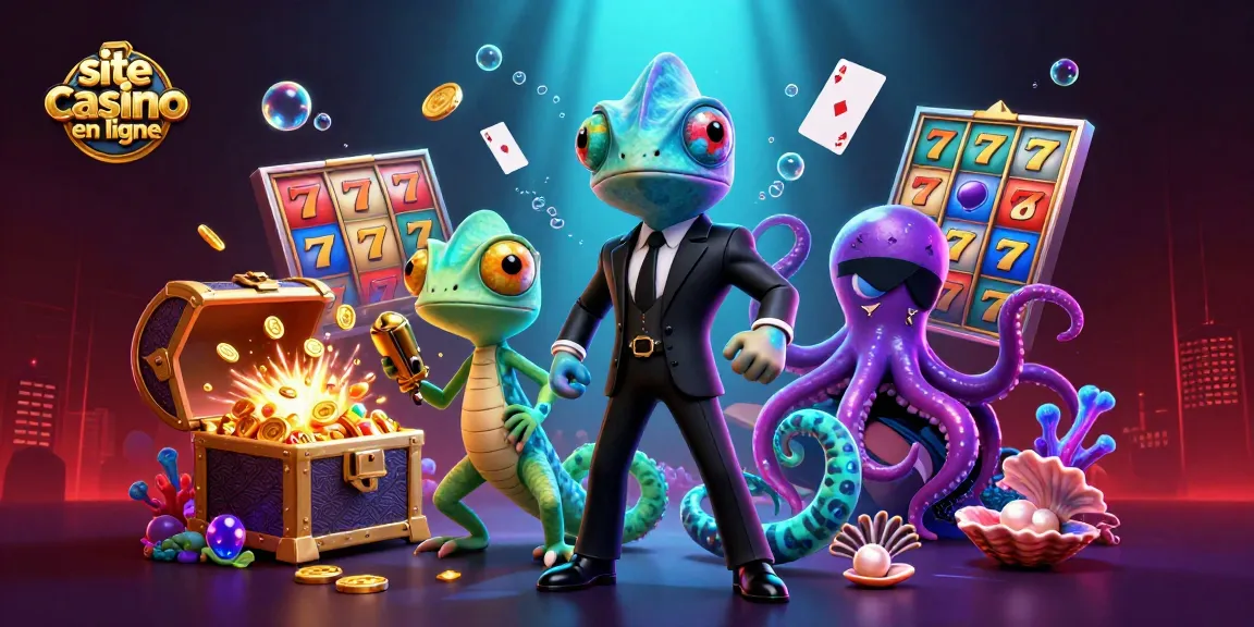 Illustration dynamique d'un site casino en ligne avec un caméléon agent secret et un gecko hi-tech.