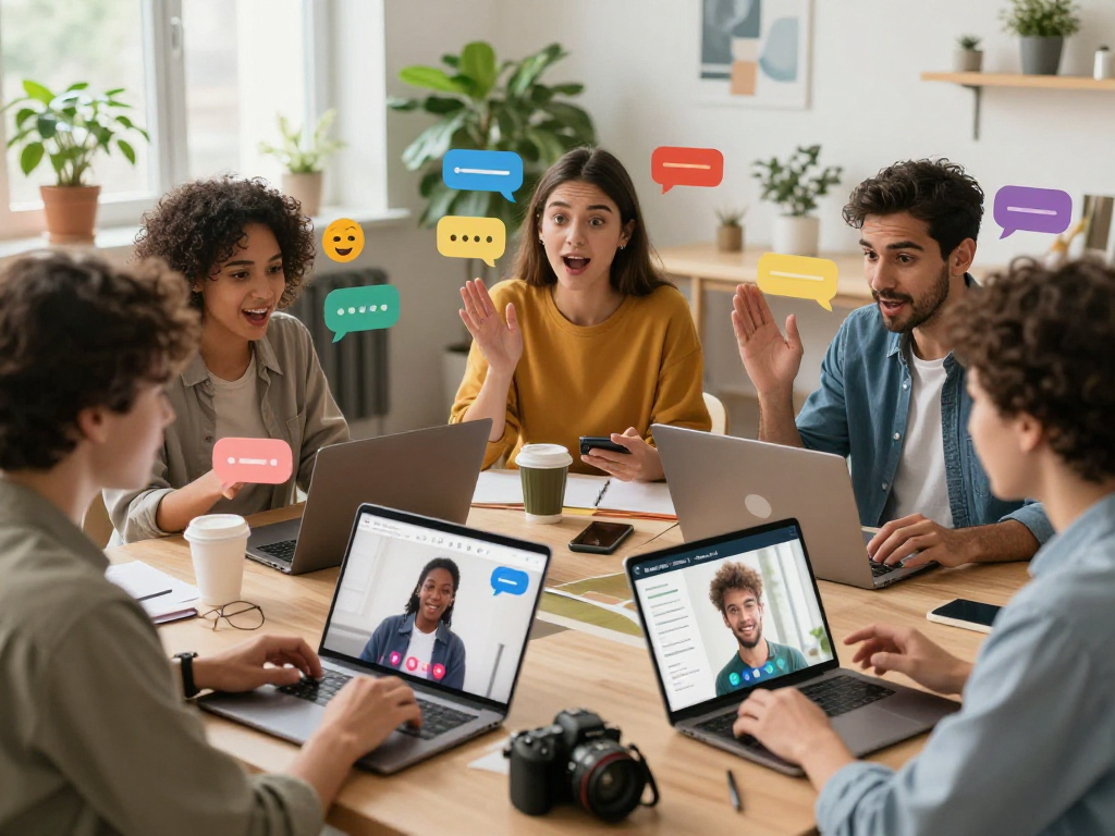 Diverse group chatting with hot chat ai on laptops and smartphones in a vibrant co-working space.