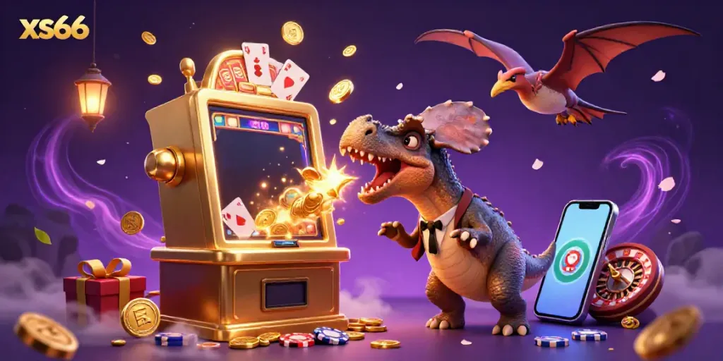 Experience thrilling wins with xs66 in this vibrant casino scene featuring dynamic characters and gaming elements.