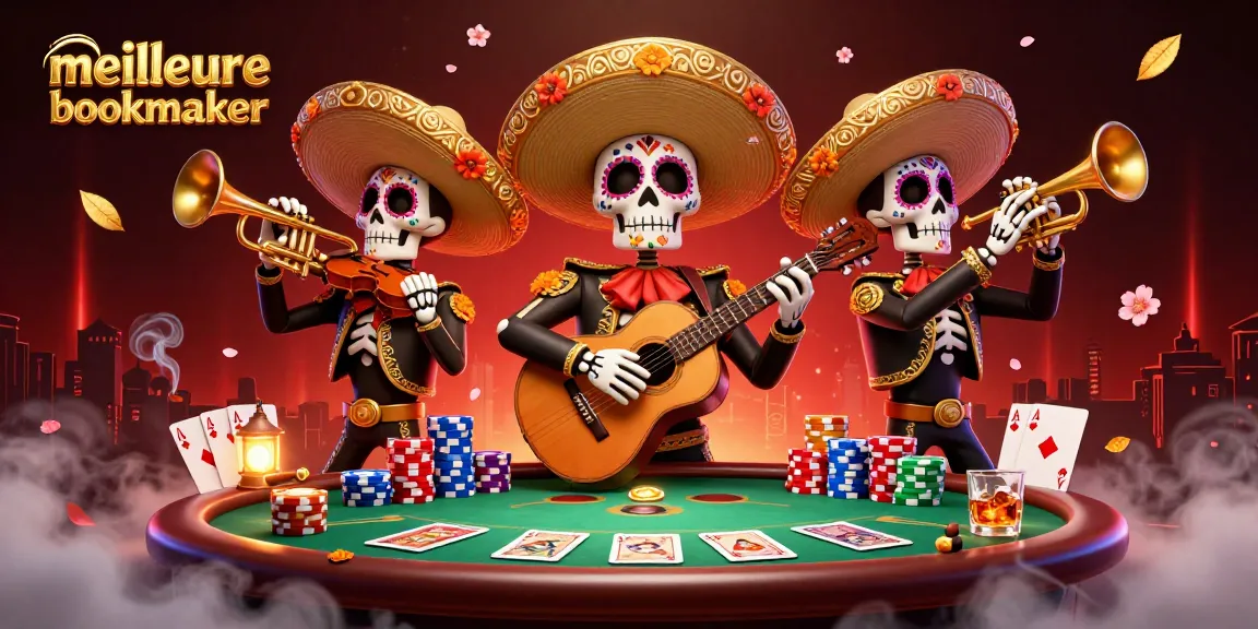 Illustration 3D colorée d'un groupe mariachi s'accompagnant à des jeux de poker avec la meilleure bookmaker.