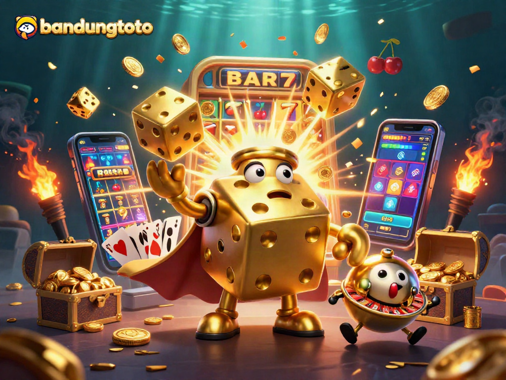 Engage with bandungtoto's dynamic 3D casino scene featuring vibrant golden dice and a thrilling slot machine.