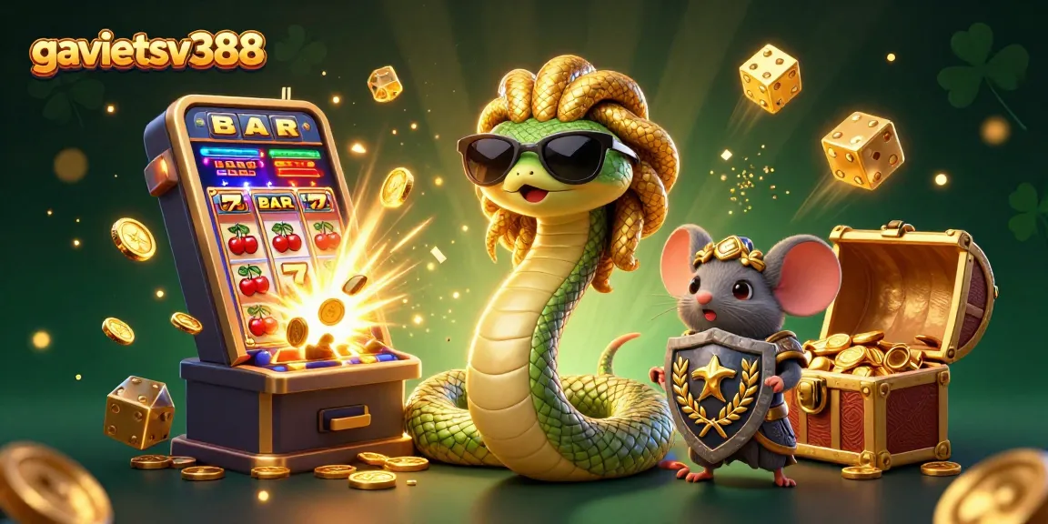 Engage with gavietsv388's thrilling casino experience featuring a playful Medusa and warrior amidst jackpot symbols.