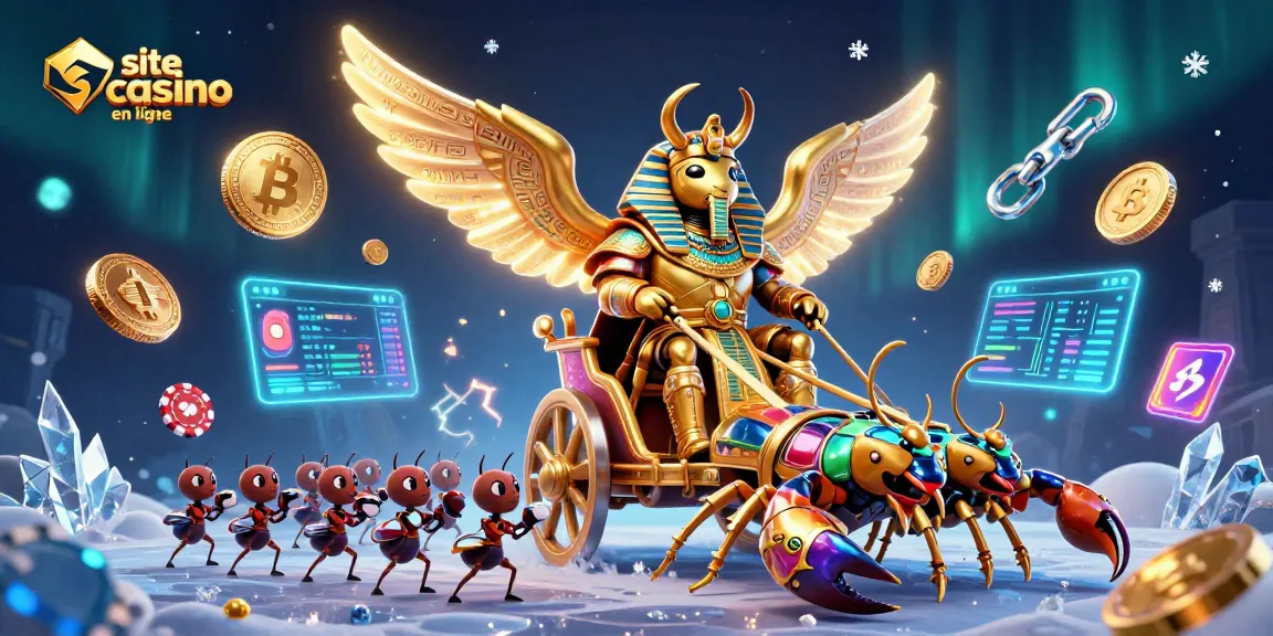 Visuel captivant d'un site casino en ligne avec un scarabée doré et des éléments de jeux captivants.