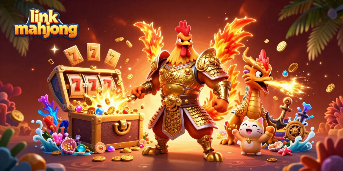 Experience the thrill of link mahjong with an epic scene of a powerful rooster warrior and dragon hatchling in a vibrant casino setting.