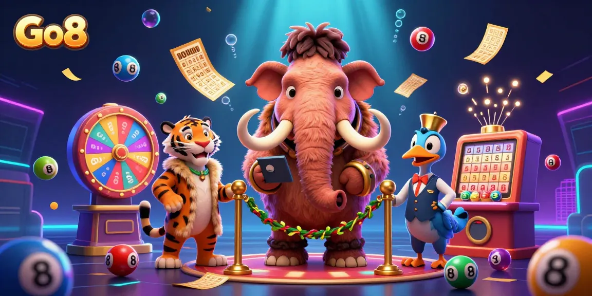 Engage with Go8's vibrant casino scene featuring a woolly mammoth bouncer, saber-tooth VIP, and dynamic lottery elements.
