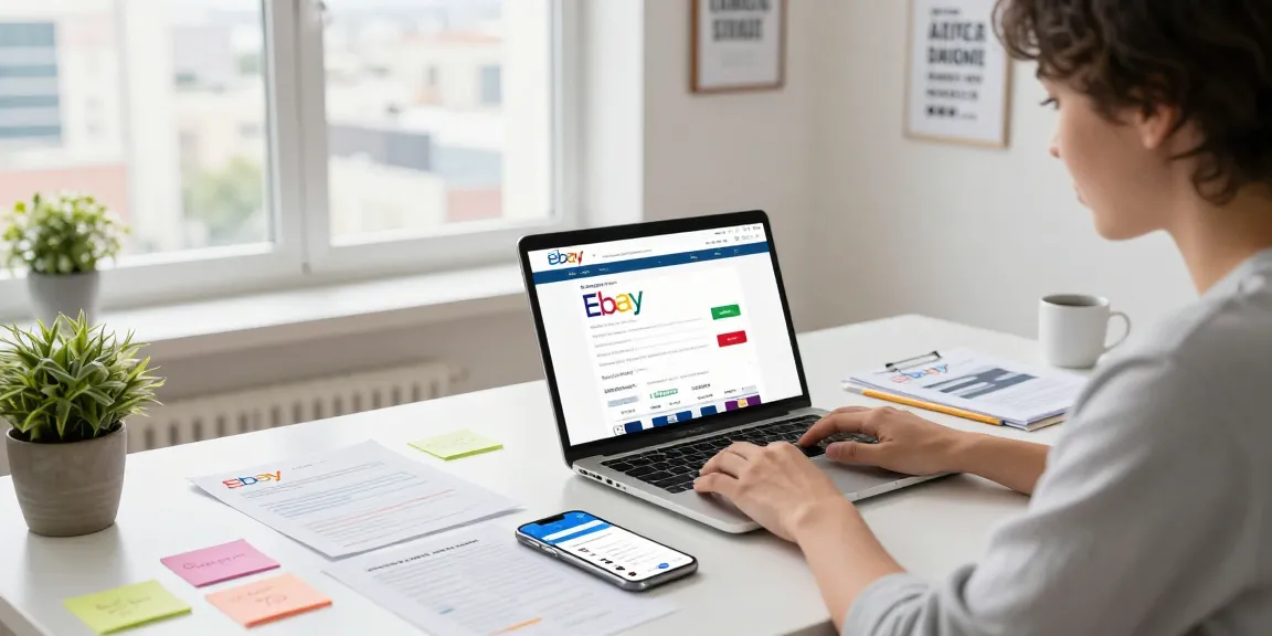Buy eBay account in a modern home office, with documents and a laptop showing payment processes.