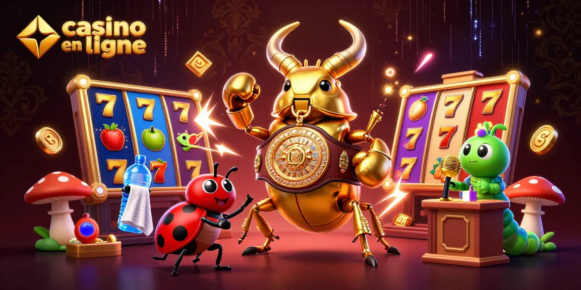 Profitez de l'animation du casino en ligne avec un scarabée géant et des machines à sous éclatantes.