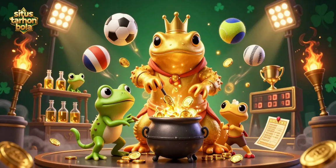 Engage in exciting bets with situs taruhan bola, featuring a golden salamander alchemist and dynamic sports elements.
