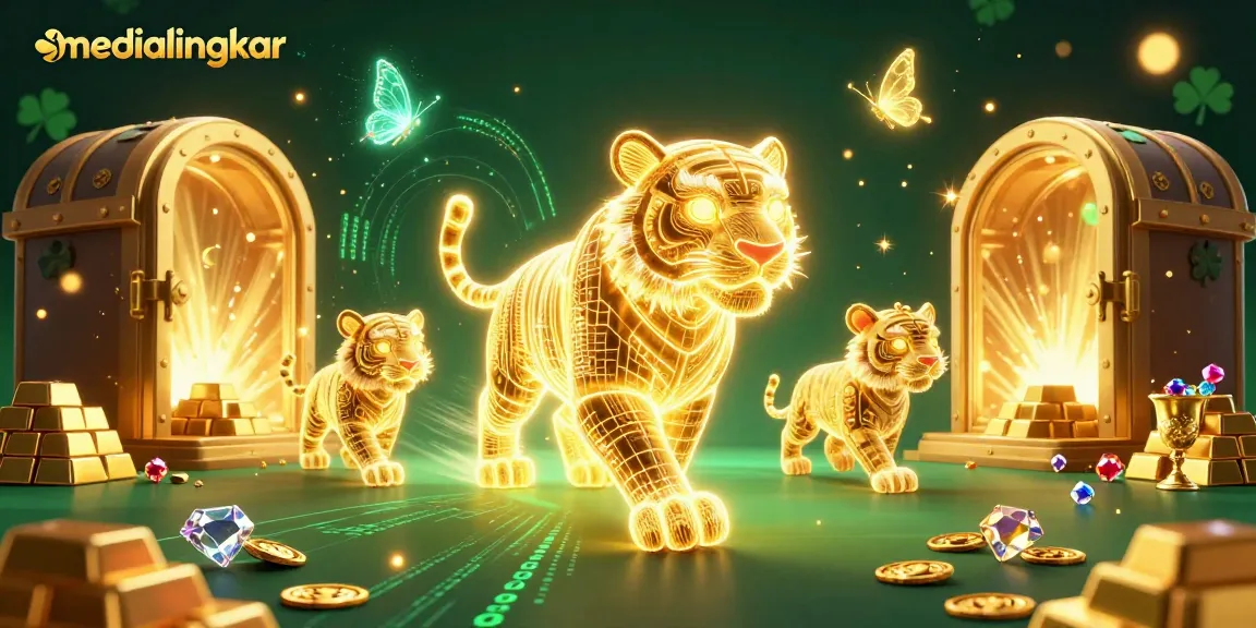 Engage with medialingkar's thrilling casino scene featuring a golden tiger and holographic butterflies.
