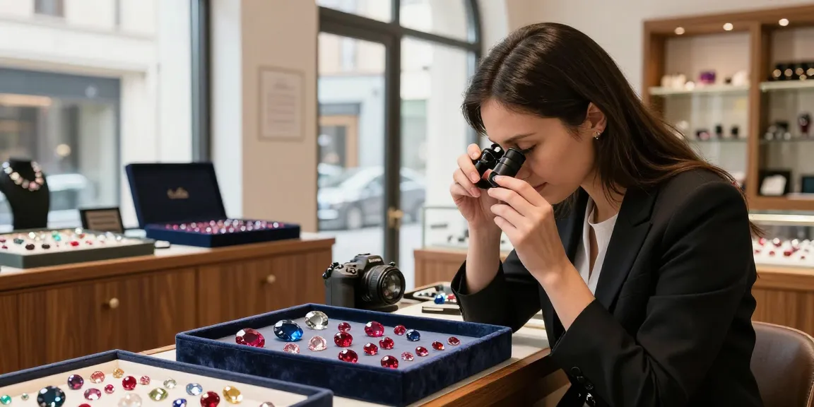 Gemologist examining dazzling gemstones at https://www.mygemspot.com in an inviting retail atmosphere.
