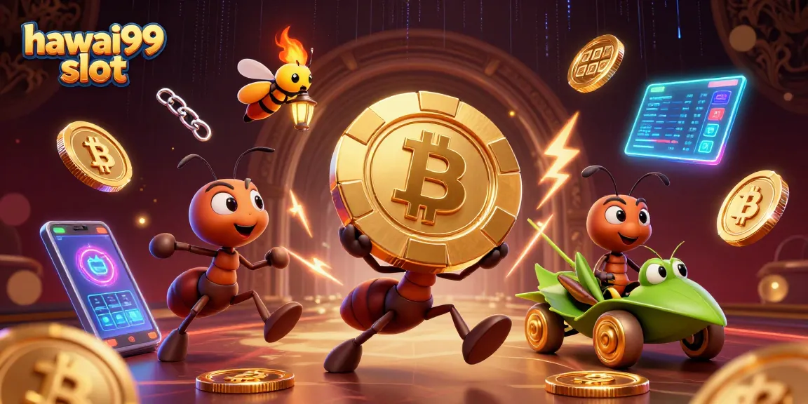 Action-packed illustration of hawai99 slot featuring ants heisting a golden poker chip in a vibrant, neon-lit casino