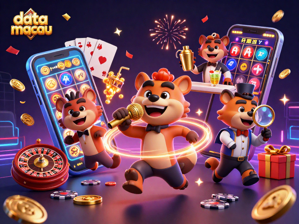 Engage in thrilling actions at data macau with vibrant slots surrounded by lively hyenas, spinning reels, and joyous atmosphere.