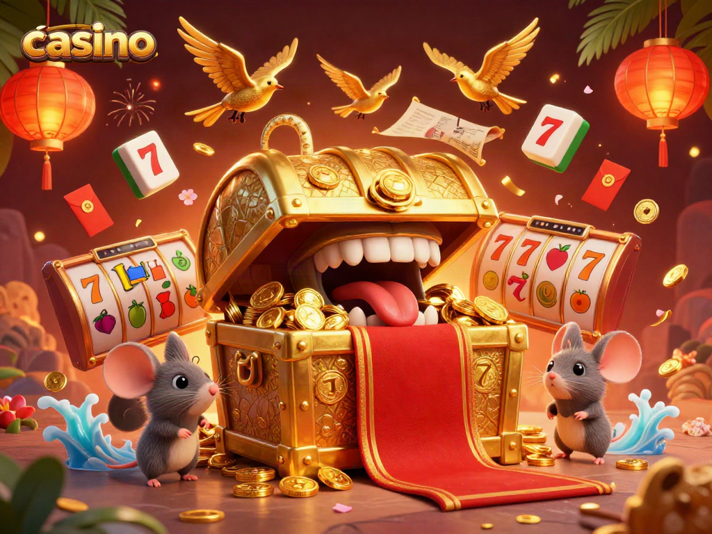 Experience the vibrant casino scene featuring a golden treasure chest and colorful gambling elements.