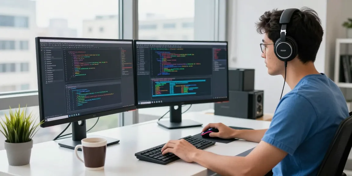 Developer coding at a modern workspace displaying teiegramin.com with inspiring city views.