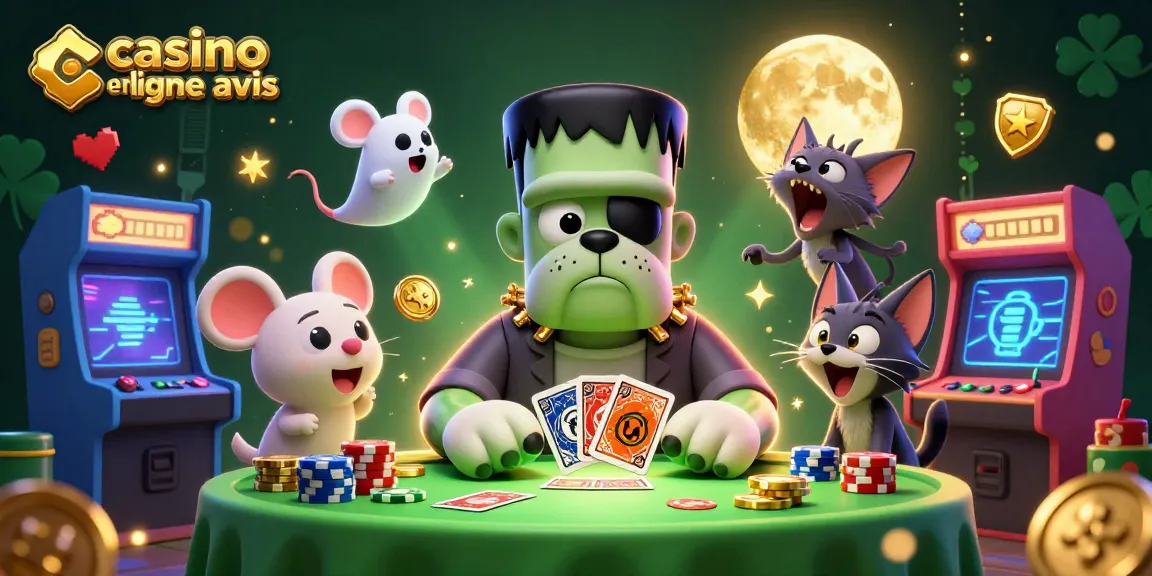 Casino en ligne avis avec un bulldog Frankenstein et un chat-garou, ambiance festive et ludique.