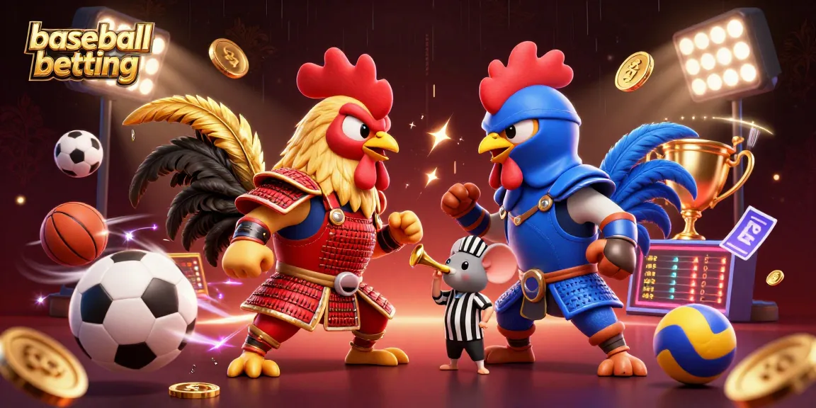 Engage in baseball betting with dynamic action featuring roosters, sports balls, and vibrant graphics.