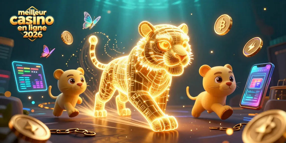 Image dynamique de "meilleur casino en ligne 2026" montrant un tigre lumineux dans un paysage de casino numérique.