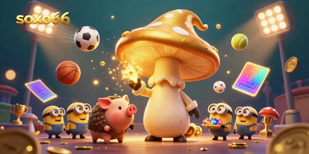 Engage with soxo66, experiencing 3D cartoon magic surrounded by sports, trophies, and dynamic game elements.