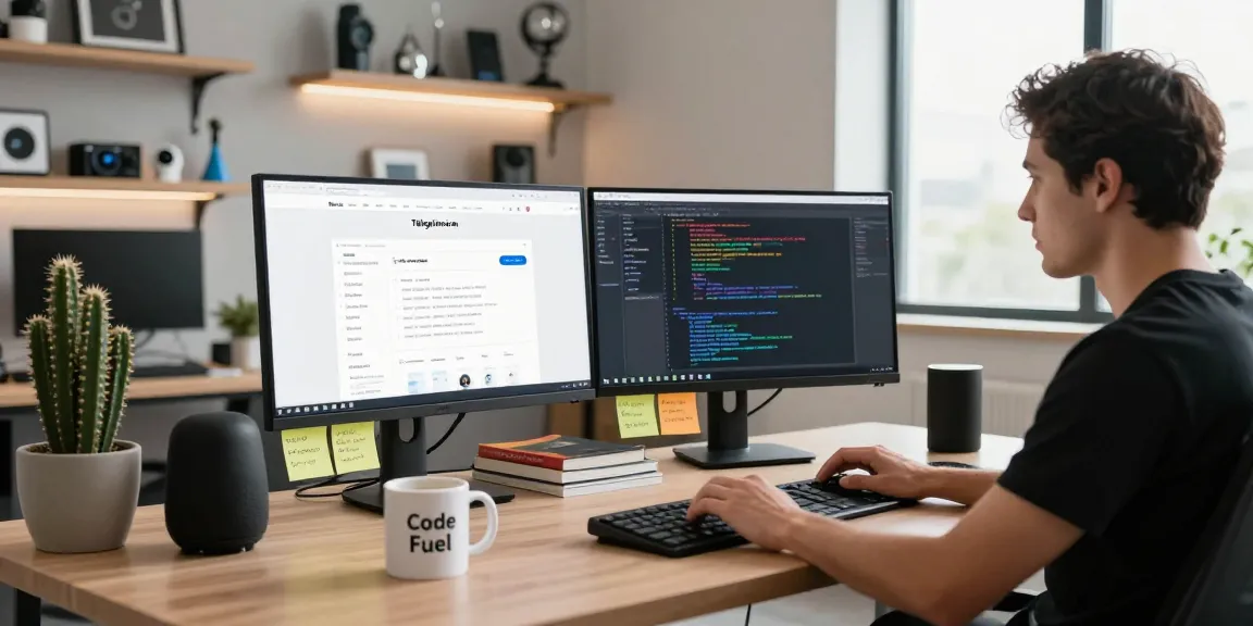 Developer analyzing telegraimin.com in a modern digital workspace equipped with multiple screens, coding tools, and tech gadgets.