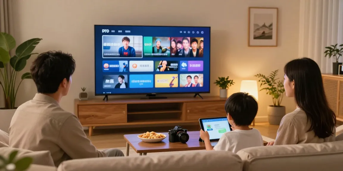 Famille profitant d'un abonnement IPTV sur un grand écran dans un salon moderne, créant une atmosphère accueillante.