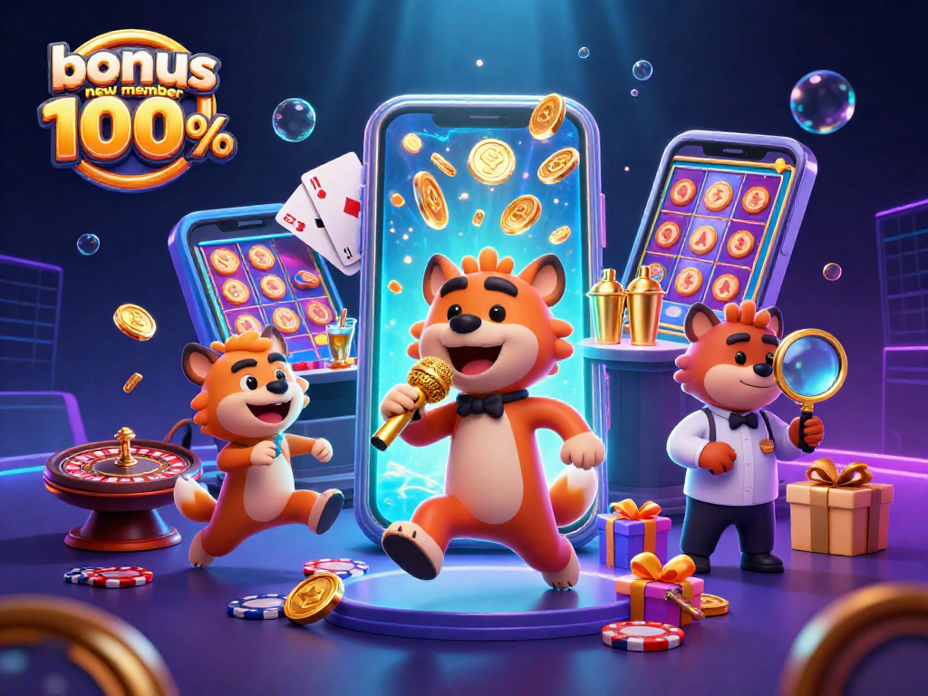Engage with the excitement of casino fun through "bonus new member 100%" featuring hilarious hyena characters in a vibrant slot game scene.
