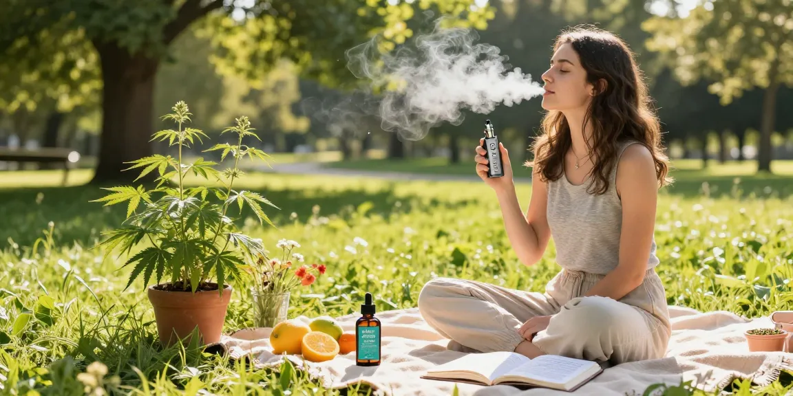 Lost Mary BM6000 in an outdoor wellness scene with CBD oil, promoting natural relaxation and quality vaping.