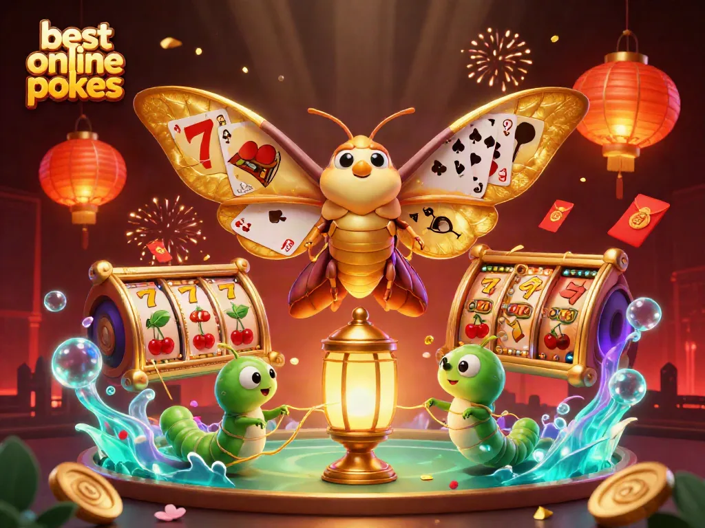 Experience the excitement of the best online pokies with vibrant 3D imagery of spinning slot reels and golden lanterns.