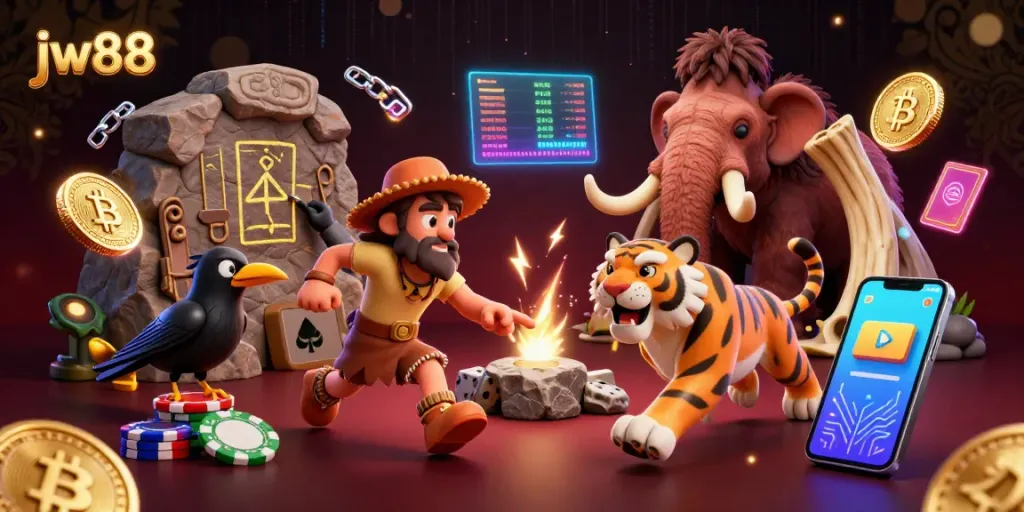 Engage in exclusive gaming with jw88, featuring a vibrant casino scene with neon elements and crypto symbols.