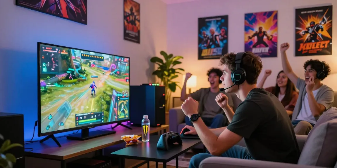 Gamer di ruang tamu modern, bermain game seru di layar TV besar dengan suasana menyenangkan dari https://levitraps.com.