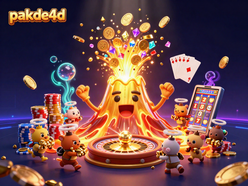 Engage with pakde4d's thrilling golden volcano eruption and treasure-filled adventure in this vibrant casino scene.