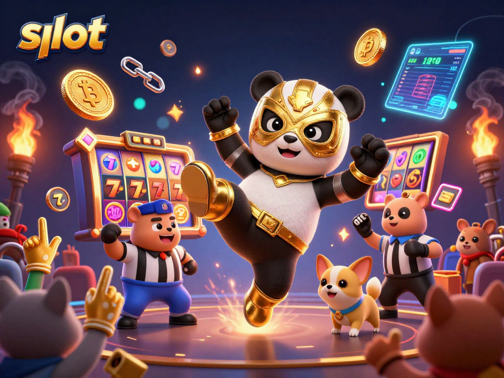 Slot yang menampilkan panda petarung melakukan tendangan, dikelilingi simbol keberuntungan dan koin cryptocurrency.