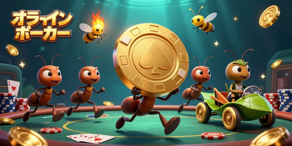オンラインポーカーでの大勝利を目指し、黄金のポーカーチップを運ぶアリたちの冒険