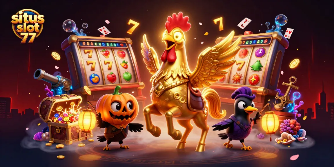 Situs slot 77 showcases vibrant slot game action with a golden rooster hero amidst glowing jackpots.