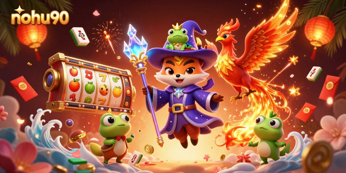 Nohu90 showcases a vibrant 3D slot gaming scene with mystical characters and dynamic casino elements.