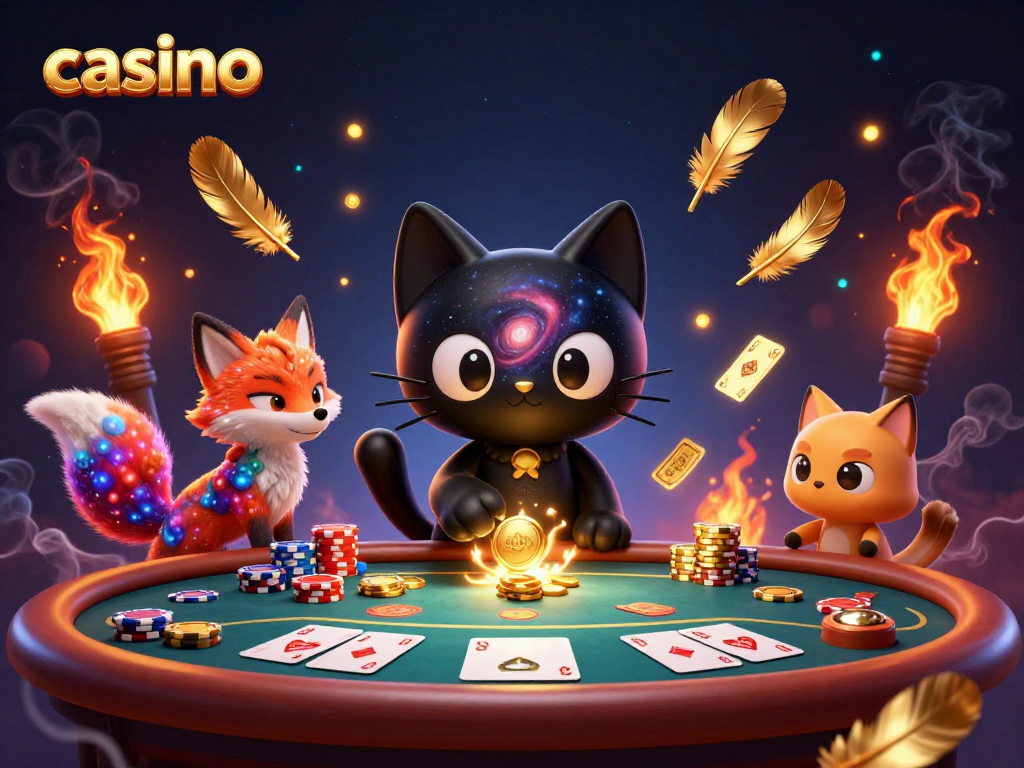 Casino scene featuring a black hole cat and nebula fox at a poker table with chips and cards.