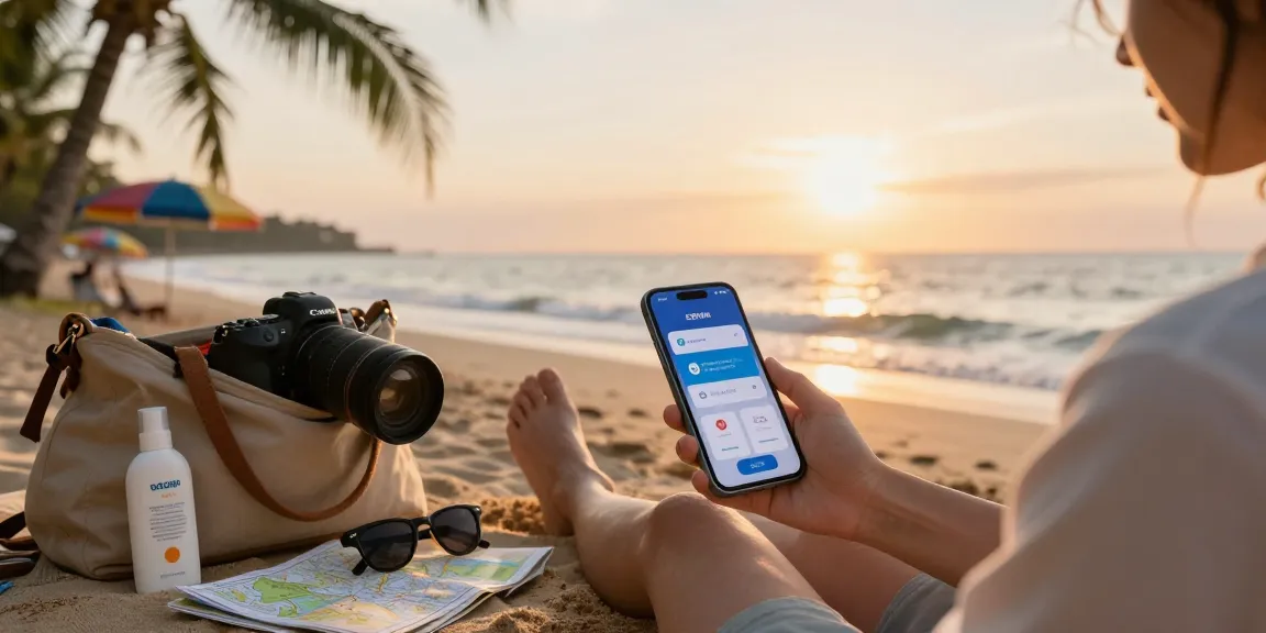 Traveler checking eSIM कूपन (eSIM coupon) deals on a smartphone at sunset beach.