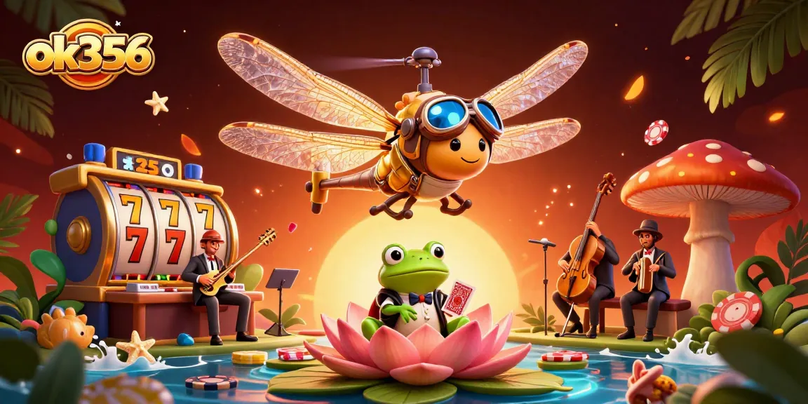 Experience the excitement of ok356 as a dragonfly pilot leads a vibrant casino scene filled with cards and slot reels.