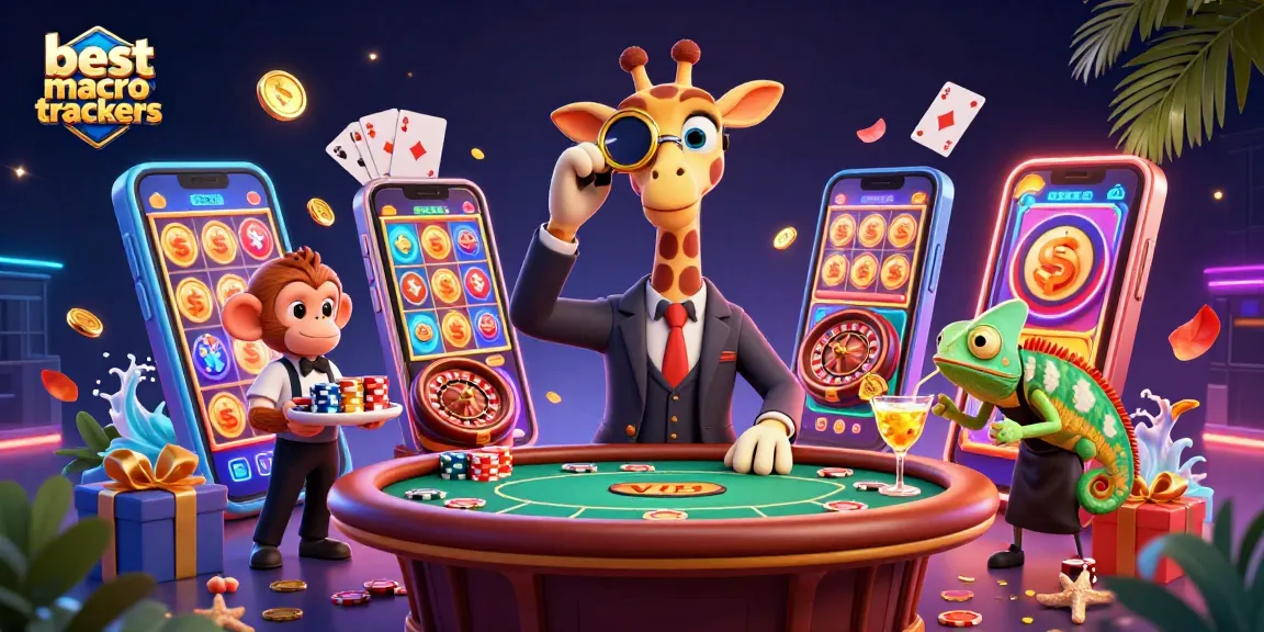 Engage with the best macro trackers in this vibrant casino scene featuring a stylish giraffe and lively characters.