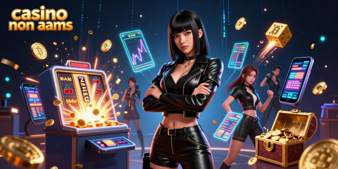 Scopri l'emozione dei casino non AAMS con una straordinaria donna asiatica circondata da slot jackpot, monete ed elementi olografici.