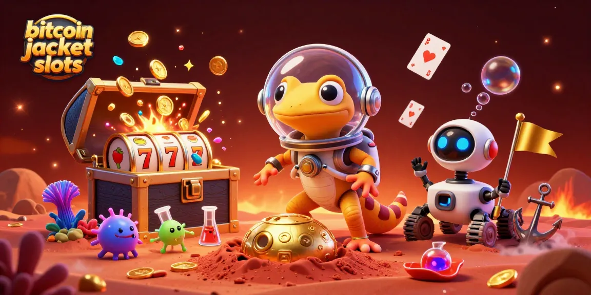 Experience thrilling bitcoin jackpot slots with a Martian gecko discovering a hidden casino.