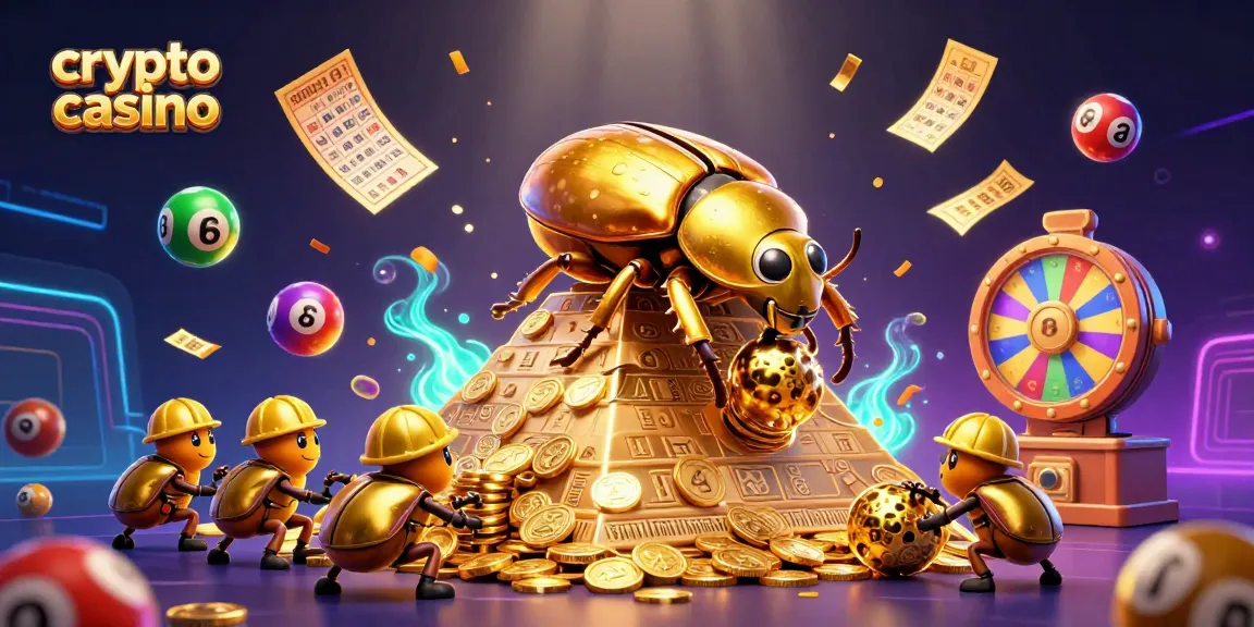 Dans ce crypto casino, vis une expérience où des scarabées d'or roulent des pièces, entourés de billets d'or et de boules de loterie.