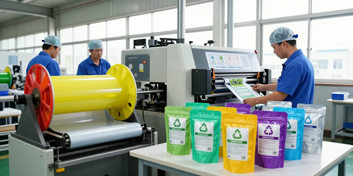 Recyclable stand up pouches being produced in an eco-friendly manufacturing facility with skilled workers and advanced machinery.