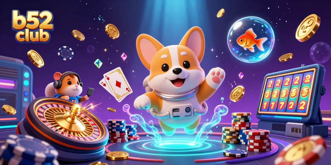Experience the excitement at b52 club with a whimsical casino scene featuring a floating astronaut corgi.