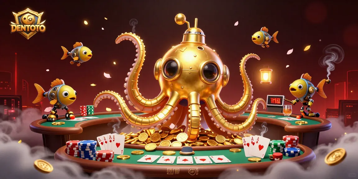DENTOTO showcases an adventurous kraken submarine navigating through golden coins at an exciting poker table.