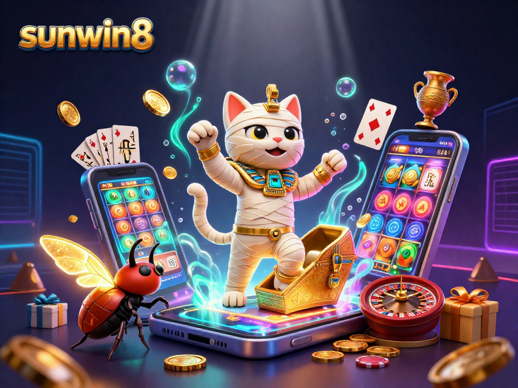 Spin to win with exciting features at sunwin8, featuring a mummy cat and casino elements.