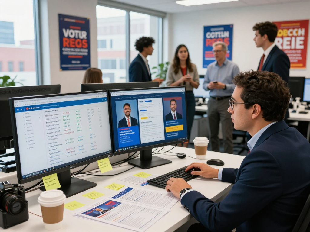 Dynamic office scene showcasing digital advertising for political campaigns, team strategizing with data insights.