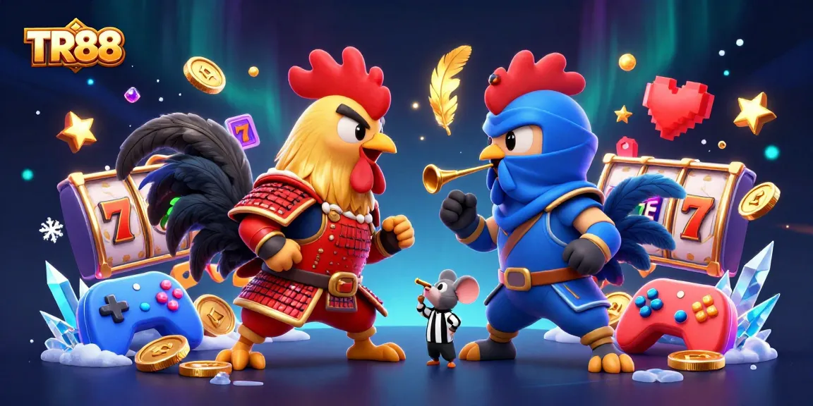 Experience the excitement of TR88 with cartoon roosters in a casino-themed showdown.