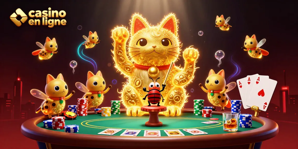 Visualisez un chat porte-bonheur en forme de lucioles dorées dans un casino en ligne.