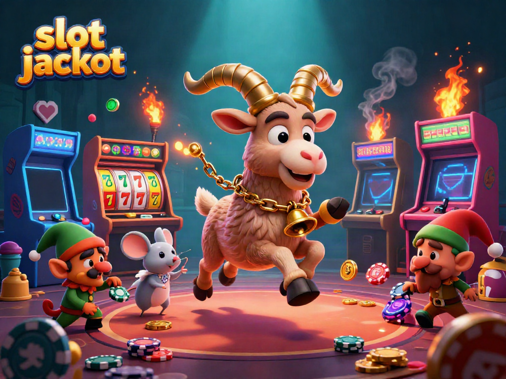 Experience thrilling slot jackpot action with Krampus and playful characters in a dynamic casino scene.
