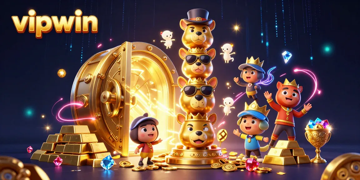 Engage in thrilling casino action at vipwin, showcasing a vibrant 3D scene with a golden totem and treasures.